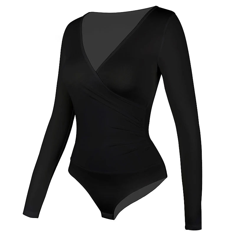 One-Piece Long Sleeve Bodysuit Shapewear for Women – V-Neck Tummy Control Body Shaper