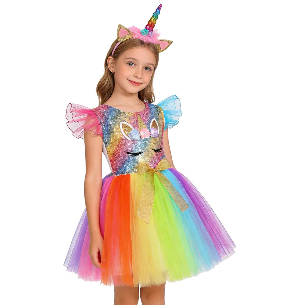 Unicorn Princess Tutu Dress with Flutter Sleeves and Sequin Tulle
