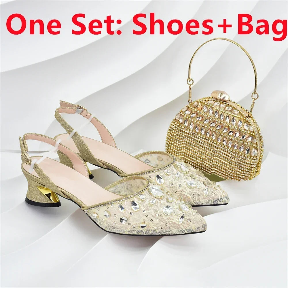 African Wedding Shoes and Bag Set with Rhinestone Italian Design Shoes with Matching Bags Nigerian Lady Party Pumps