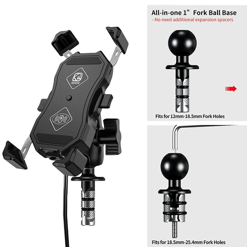 Motorcycle Fork Stem Wireless Charger 15W Qi/USB Quick Charge Phone Holder Handlebar Mirror Mount with 1" Ball for 3.5"-6.8"