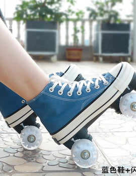 Unisex Canvas Quad Roller Skates, 4 Wheels Roller Skate Shoes, Flashing or Unflashing Wheels Skating Shoes