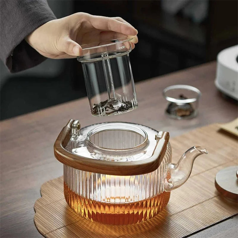 Large Capacity 1300ml Stripe Pattern Glass Teapot with Wooden Beam Handle