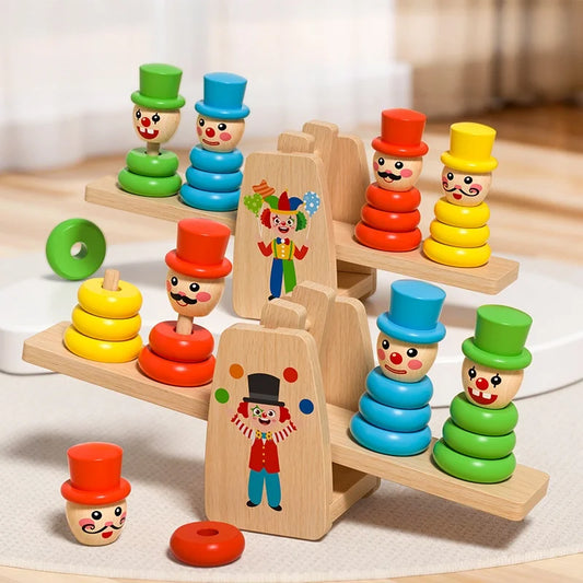 Wooden Clown Balance Scale and Stacking Rings Educational Toy
