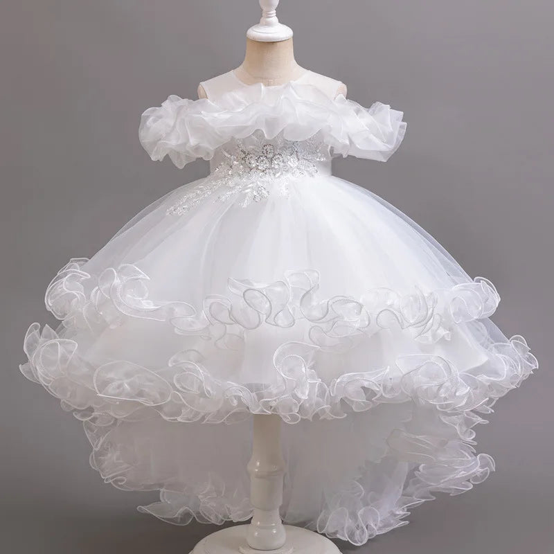 Luxury Off-Shoulder Girls' Dress - Convertible Tulle Ball Gown for Birthday Parties & On-Stage Events