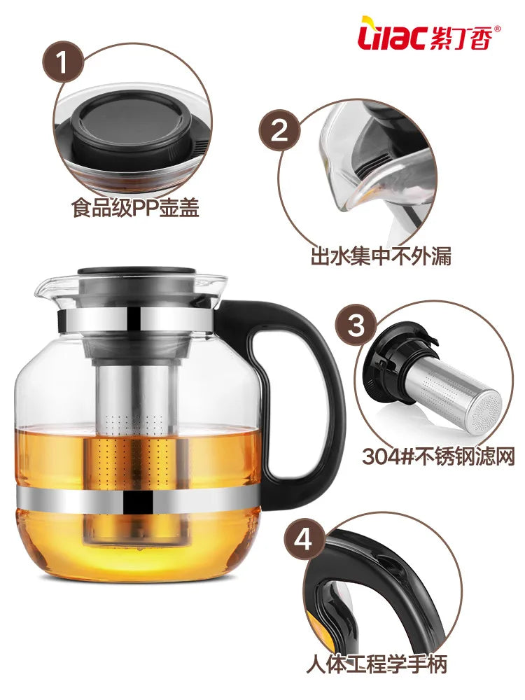 Heat Resistant Glass Teapot with Stainless Steel Strainer Large Capacity Tea Kettle 1.5L