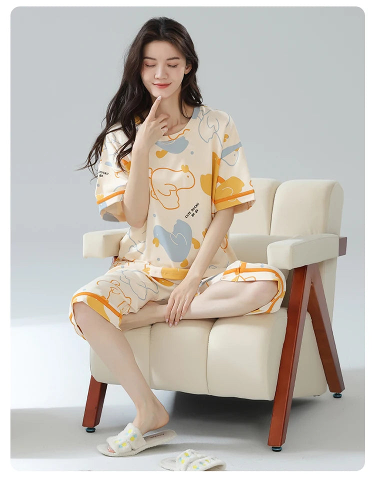 2-Pcs Women’s Summer Cotton Pajama Set – Short Sleeve Top & Calf-Length Pants with Cute Prints