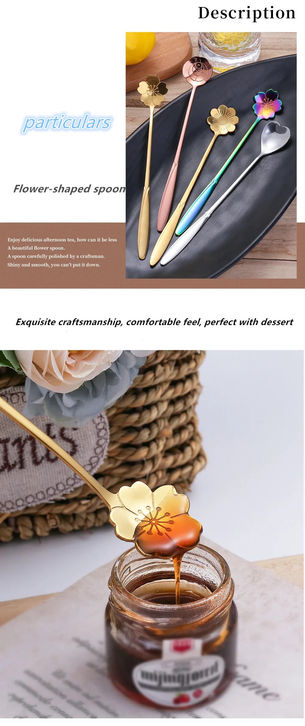 4pcs Long Flower Spoon Stainless Steel Dessert Spoons Gold Long Handle Teaspoon Mixing Scoop for Coffee Cake Kitchen Accessories