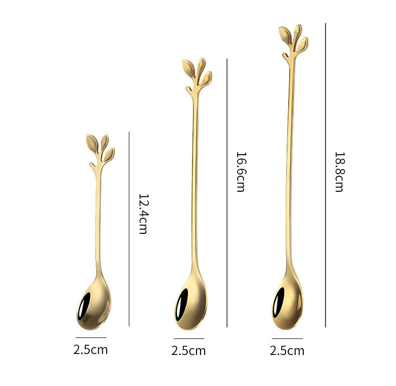 Gold Leaf Spoon for Stirring Tea Coffee Mixing Spoons Stainless Steel Tableware for Dessert Fruit Christmas Gift Home Decoratons
