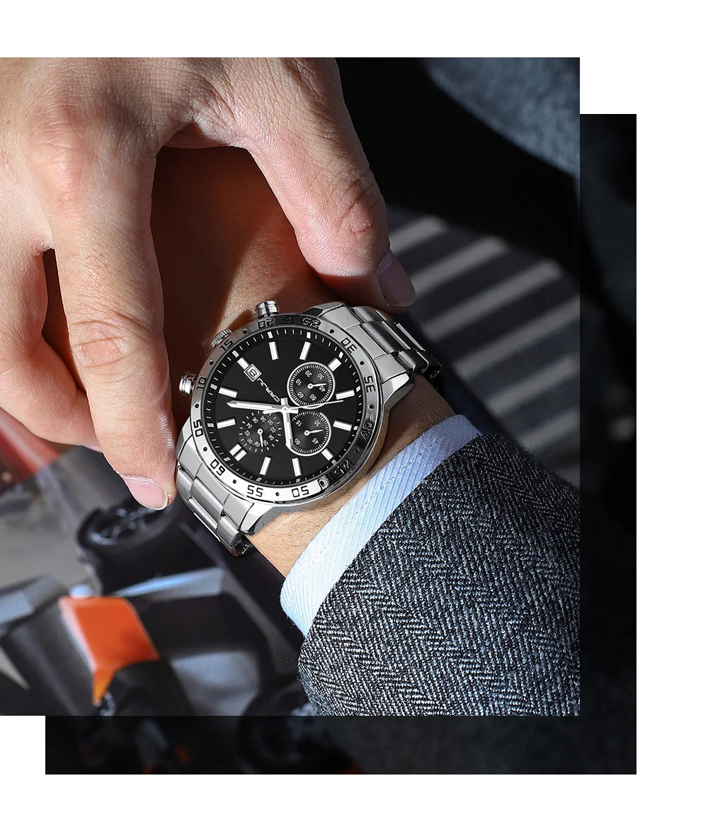 Fashion Mens Business Stainless Steel Band Quartz Watches with Calendar Chronograph Luminous Analog Wristwatch Man