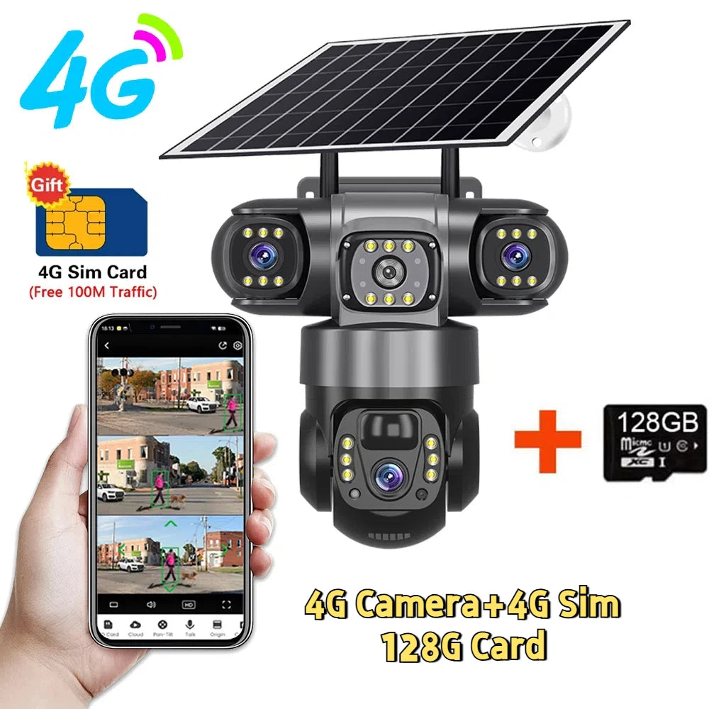 12MP 6K  Outdoor Solar 4G Camera Three Lens Three Screen PIR Motion Detection Cam Waterproof Night Vision Smart Security CCTV
