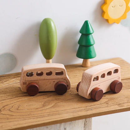 Wooden Bus Baby Toy Beech Bus Hand Push Game Montessori Educational Toys Room Decoration Wooden Building Blocks Handmade Gifts