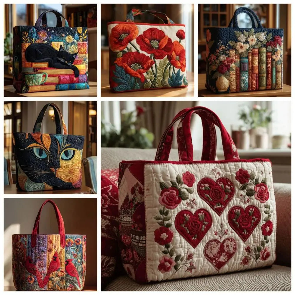 Cat Print Quilted Canvas Tote Bag Large Capacity Floral Shoulder Handbag