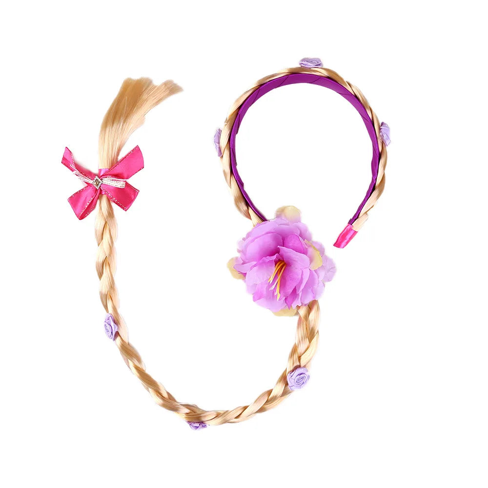 Girls Pink Blue Purple Flower Weaving Braid Headband Kids Princess Dress Up Hair Accessories Aurora Elsa Sofia Rapunzel Wig