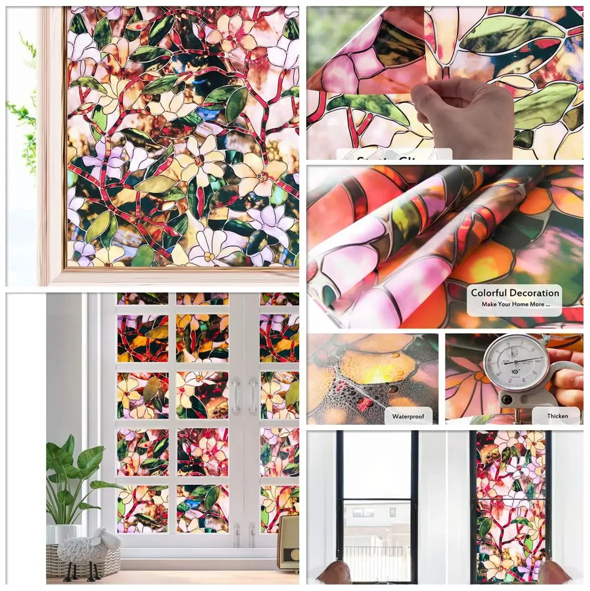 Window Film Privacy Stained Glass Film Static Cling Decorative Vinyl Removable Window Tint UV Blocking Stickers for Home Office