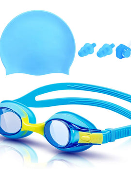Kids Swim Goggles and Silicone Swim Cap set with Nose Clip Earplugs, Waterproof