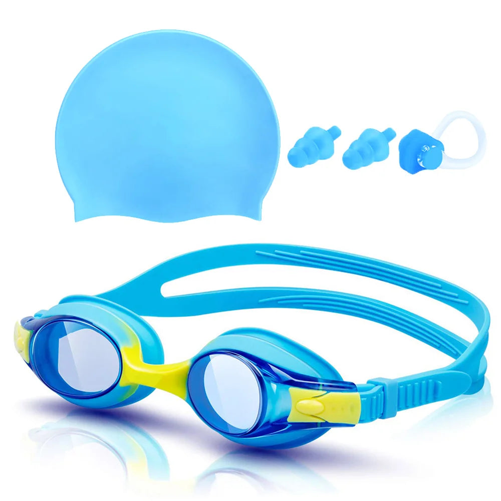 Kids Swim Goggles and Silicone Swim Cap set with Nose Clip Earplugs, Waterproof