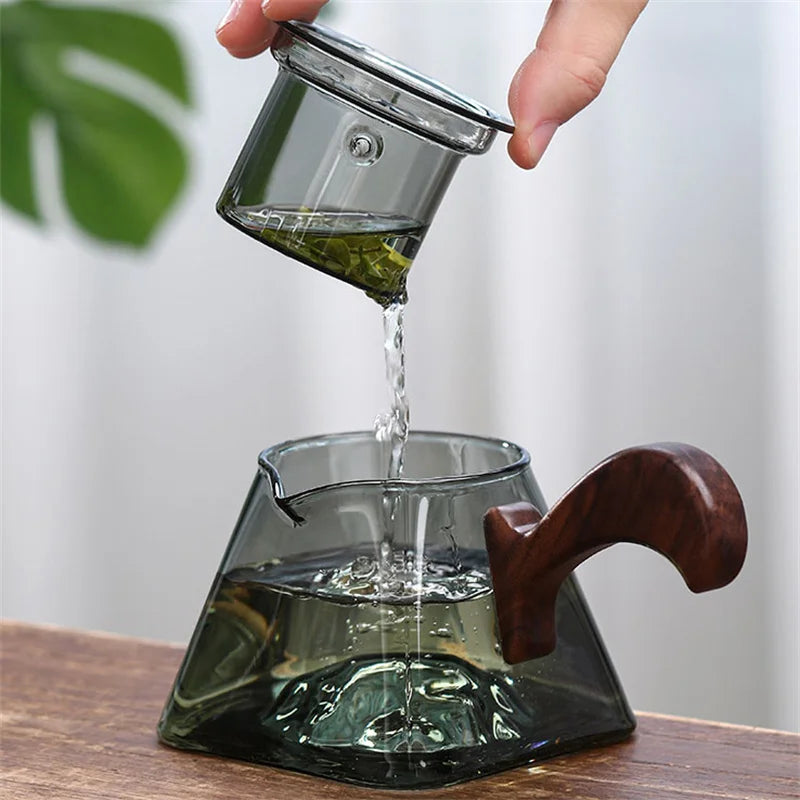 450ml Square Bottom Mountain Glass Teapot With Infuser Side Wooden Handle Tea Pot Puer Oolong Tea Maker Kungfu Tea Set