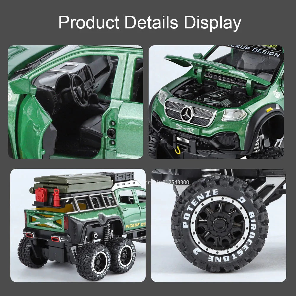 1:28 Scale X-Class 6x6 UNIMOG Motorhome Camping Car Model Toy Shock Absorption Sound Light Pull Back Off-road Vehicles Boys Gift
