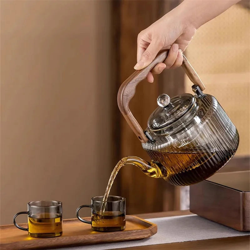 Large Capacity 1200ml Vertical Stripe Pattern Glass Tea Pot Kungfu Tea Set Wooden Beam Tea Kettle Brewing Puer Teapot Teaware