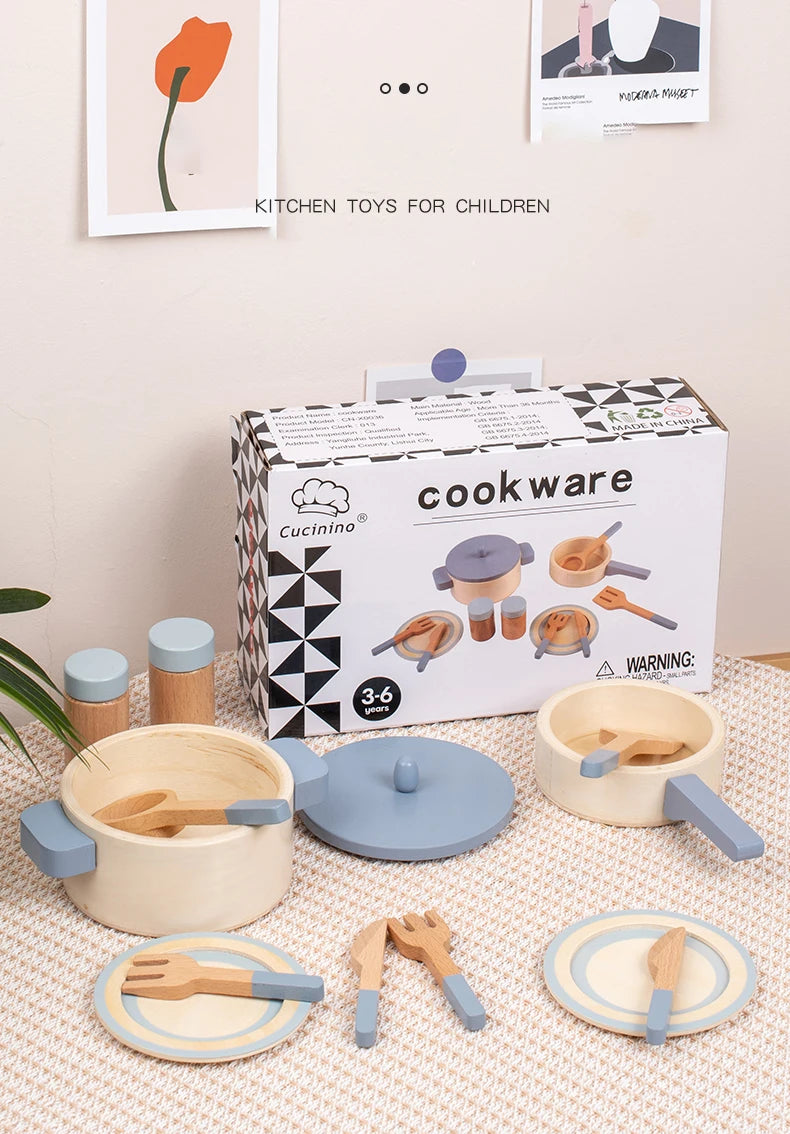 Wooden Pretend Play Kitchen Set with Pots Pans and Utensils
