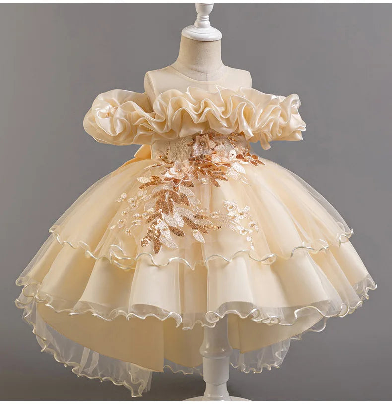 Luxury Off-Shoulder Gown with Train for Girls  Tulle Dress for Fashion Walk Show & Pageants