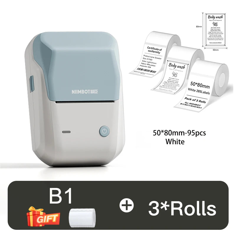 B1 Thermal Label Printer, Bluetooth Wireless Sticker Maker 20–50mm, Portable Inkless Barcode & QR Code Label Printer