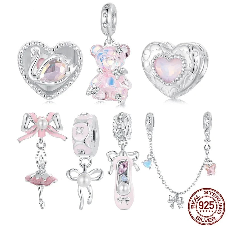 925 Sterling Silver Princess Pink Bear Bead Ballet Girl Charm Shoe Bow Pendant