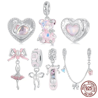 925 Sterling Silver Princess Pink Bear Bead Ballet Girl Charm Shoe Bow Pendant