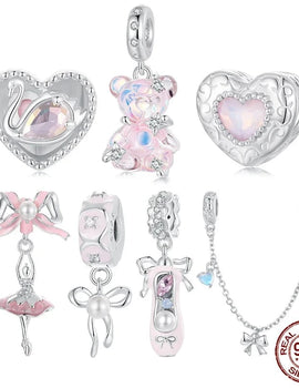 925 Sterling Silver Princess Pink Bear Bead Ballet Girl Charm Shoe Bow Pendant