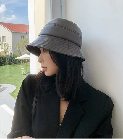 Bucket Hat Big Sun Shade 100% Genuine Leather Fisherman Caps Female Chic Grey Basin Casquette Street