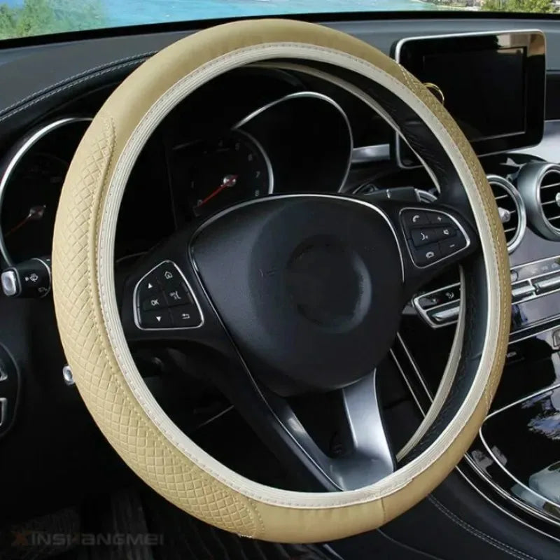 Embossed Leather Car Steering Wheel Cover Anti Slip 37CM 39CM