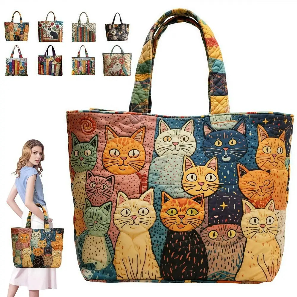 Vintage Quilted Canvas Tote Bag Large Capacity 3D Printed Shopping Handbag