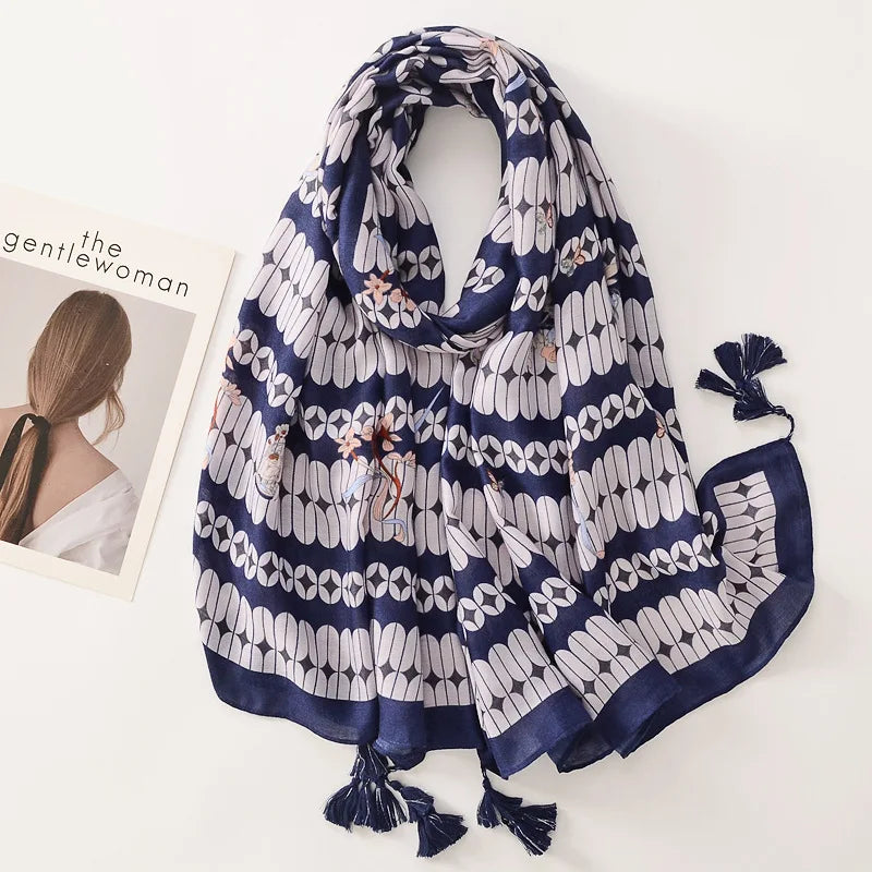 Beige Coffee Scarf Luxury Thin Women Scarves Spring Floral Hijab Veils Soft Cotton Shawl Wrap Tassel Viscose Muslim Woman Hijab