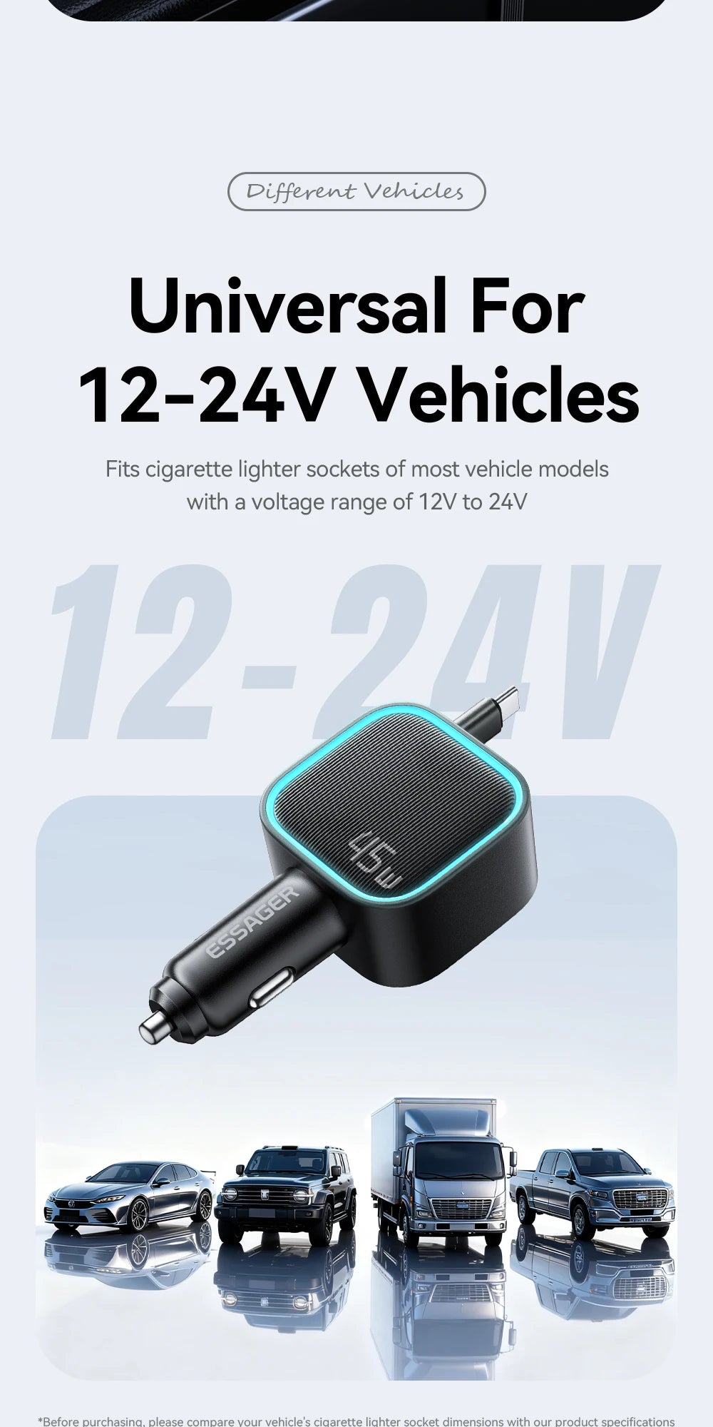 45W Car Charger with 75CM Retractable Cable PD Fast Charging USB C & USB A 3 Port Adapter