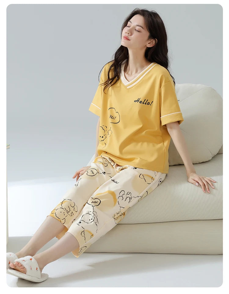2-Pcs Women’s Summer Cotton Pajama Set – Short Sleeve Top & Calf-Length Pants with Cute Prints