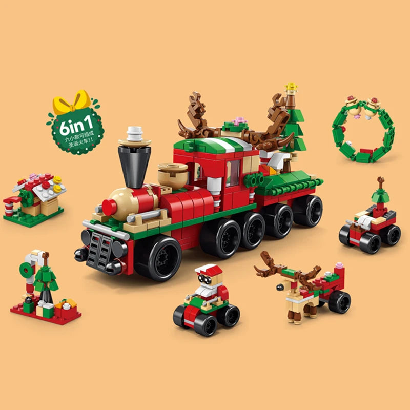 DIY 8in1 Lights Christmas Elk Deer Santa Claus Train Architecture Store Street View Xmas Tree Snow House Building Block Kit Toy