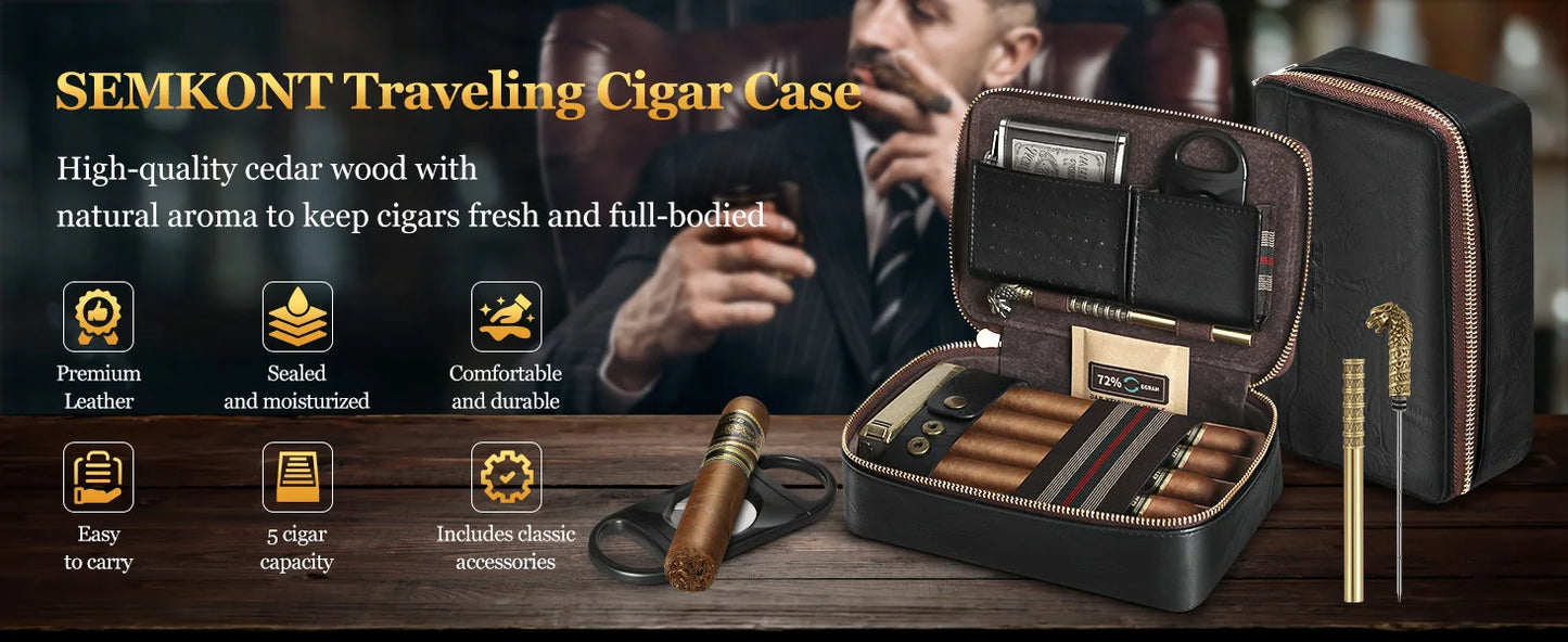 Cigar Humidor, Leather Travel Cigar Humidor, Include Cedar Wood Slot Tray, Cigar Draw Enhancer and Multifunction Cigar Cutter