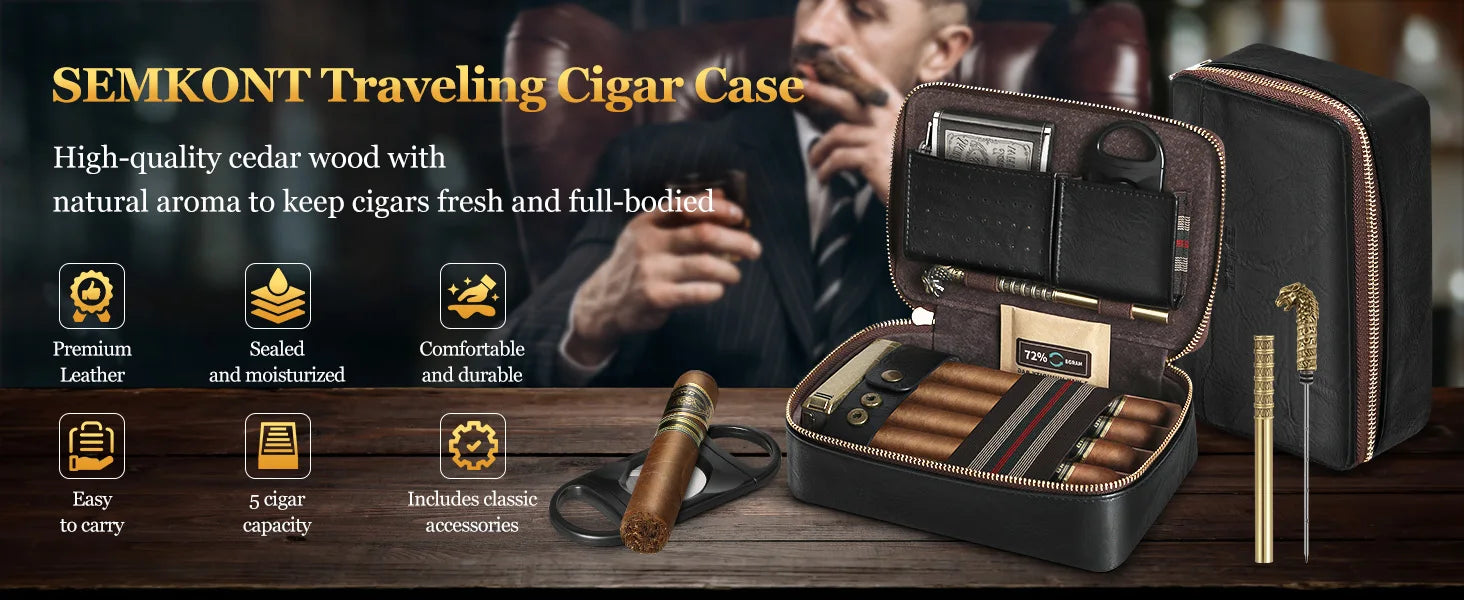 Cigar Humidor, Leather Travel Cigar Humidor, Include Cedar Wood Slot Tray, Cigar Draw Enhancer and Multifunction Cigar Cutter