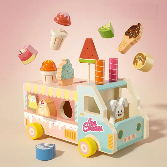 Wooden Rabbit Ice Cream Truck Shape Sorter and Pretend Play Toy