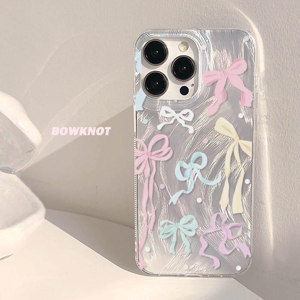 Luxury Laser Silver Bow knot Case for iPhone 17 Air 16 15 14 Pro Max Plus 16E Shockproof Bumper Fundas