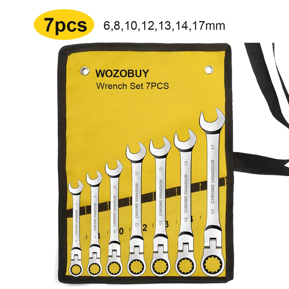 Metric Flex Head Ratcheting Combination Wrench Set 6–22mm 72-Tooth Cr-V Steel Spanner Set with Portable Storage Bag
