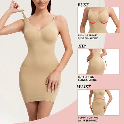 Full Slip Shapewear Women Dress V Neck Bodycon Underwear Smooth Compression Body Shaper Slimming Waist Abdomen Belly Corset