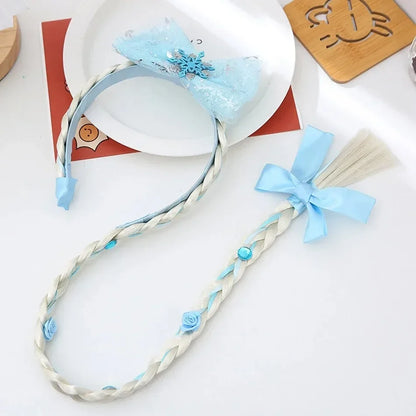 Girls Elsa Cosplay Headband Weaving Braid Tangled Snowflake Crown Headband Hair Accessories Girl Princess Bow Hair Ornament