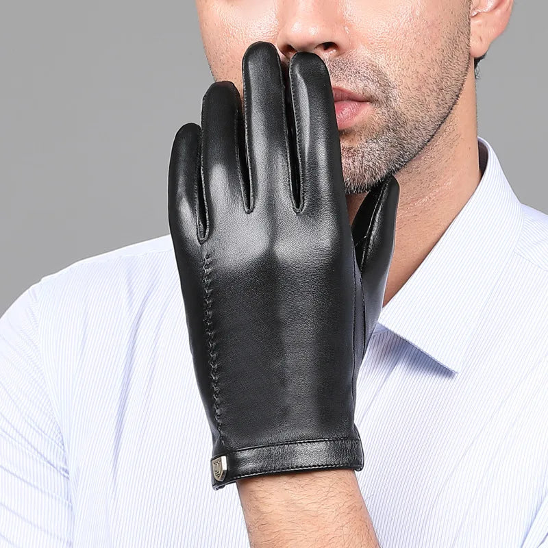 Man Genuine Leather Button Black Thick/Thin Gloves Male Commercial Business meeting MC Host Driving