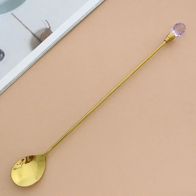 Stainless Steel Diamond Coffee Spoon and Fork Set Creative Crystal Long Handle, Perfect for Desserts, Ice Cream, Cake, and Fruit