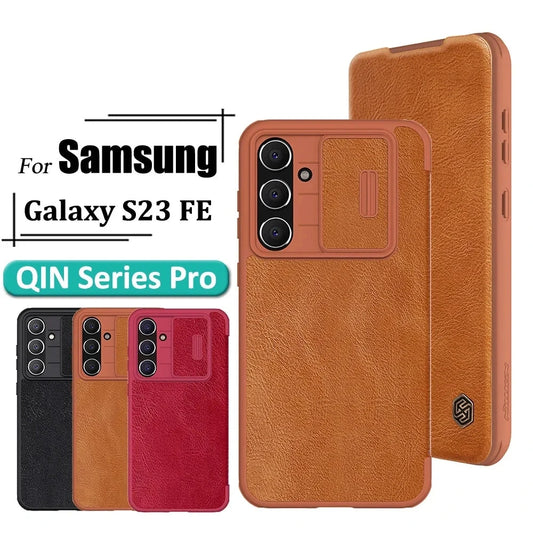 Luxury Flip QIN Pro Leather Case For Samsung Galaxy S23 FE Shockproof Camera Slider Protection Cover With Card Holder