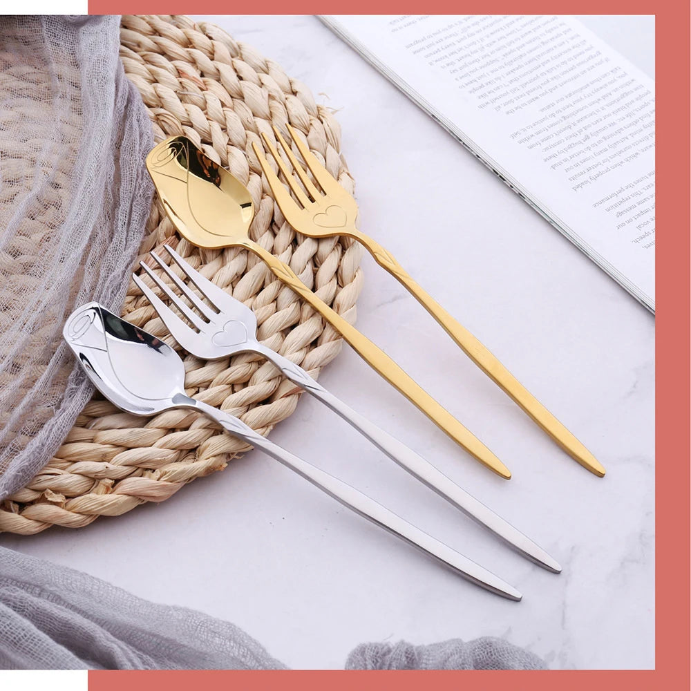 Long Handle Coffee Spoon Stainless Steel Rose Mixing Spoon Pretty Flower Teaspoons for Dessert Honey Salad Cake Tea Home Decor