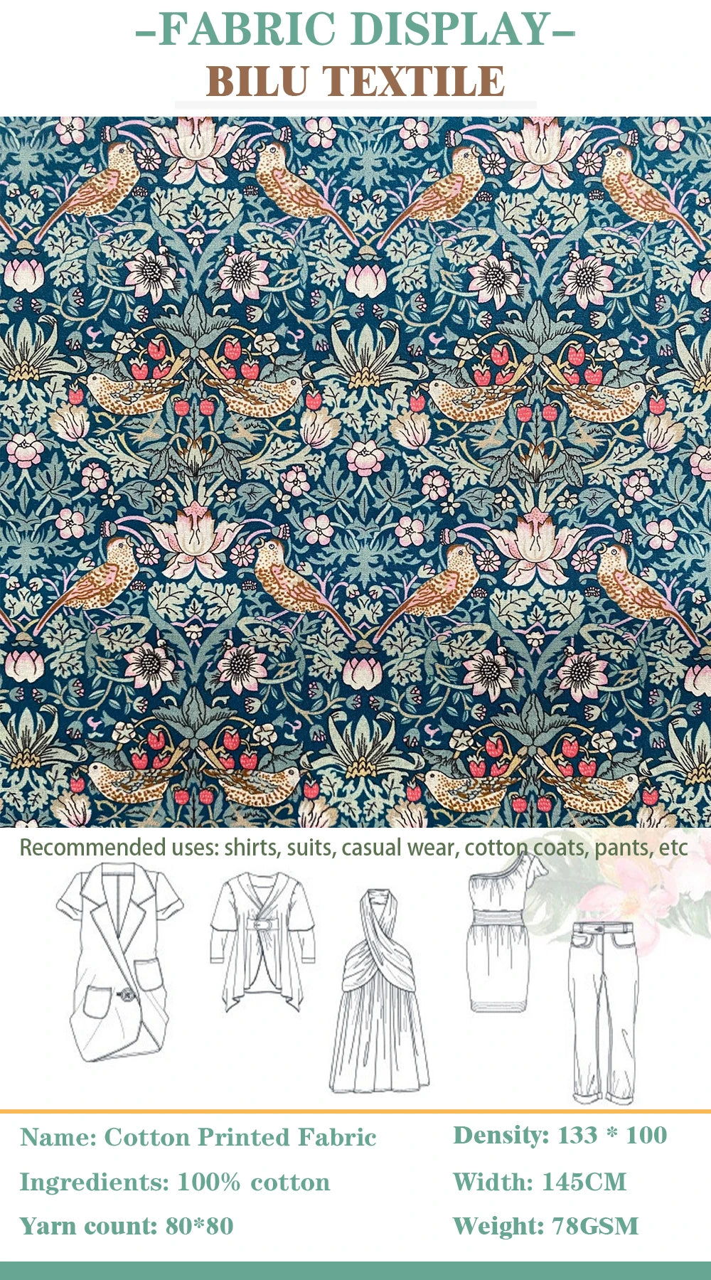 1/2/3/5M 80S Digital Printing Strawberry thief Like Liberty cotton Poplin Fabric Sewing Making Dress Clothing Handmade DIY Cloth