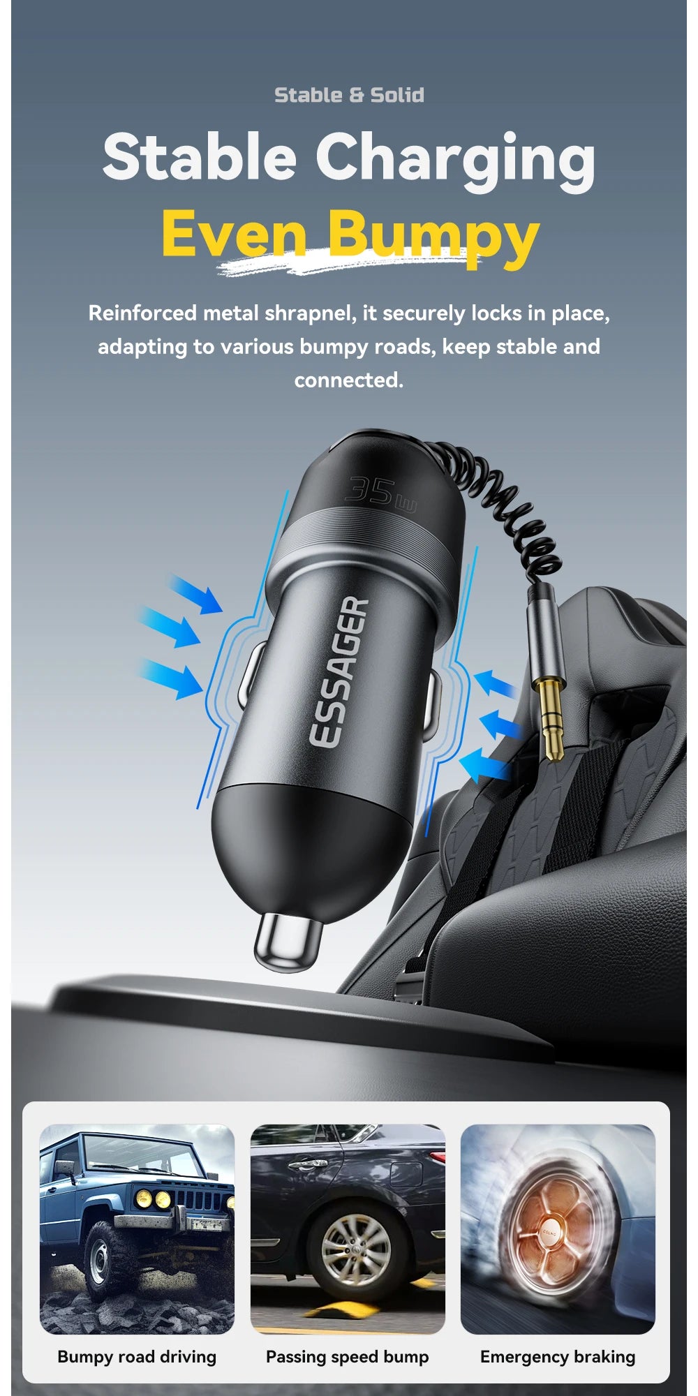 Bluetooth 5.3 Car Charger AUX Adapter PD 35W QC 30W Fast Charging USB C + USB with 3.5mm Audio