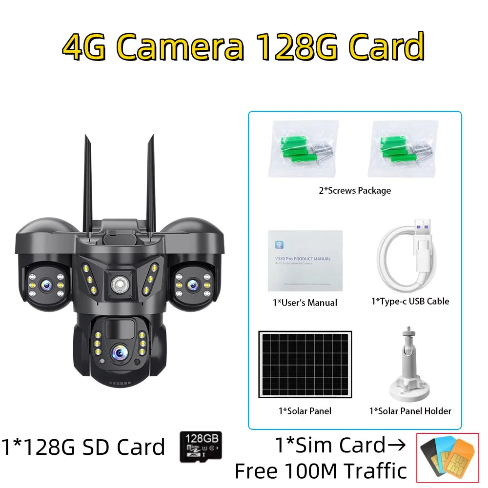 Solar Camera 4G Sim Card 15MP Outdoor 3 Lens 3 Screen PIR Human Detect Network IP Cameras Night Vision CCTV Security Protection